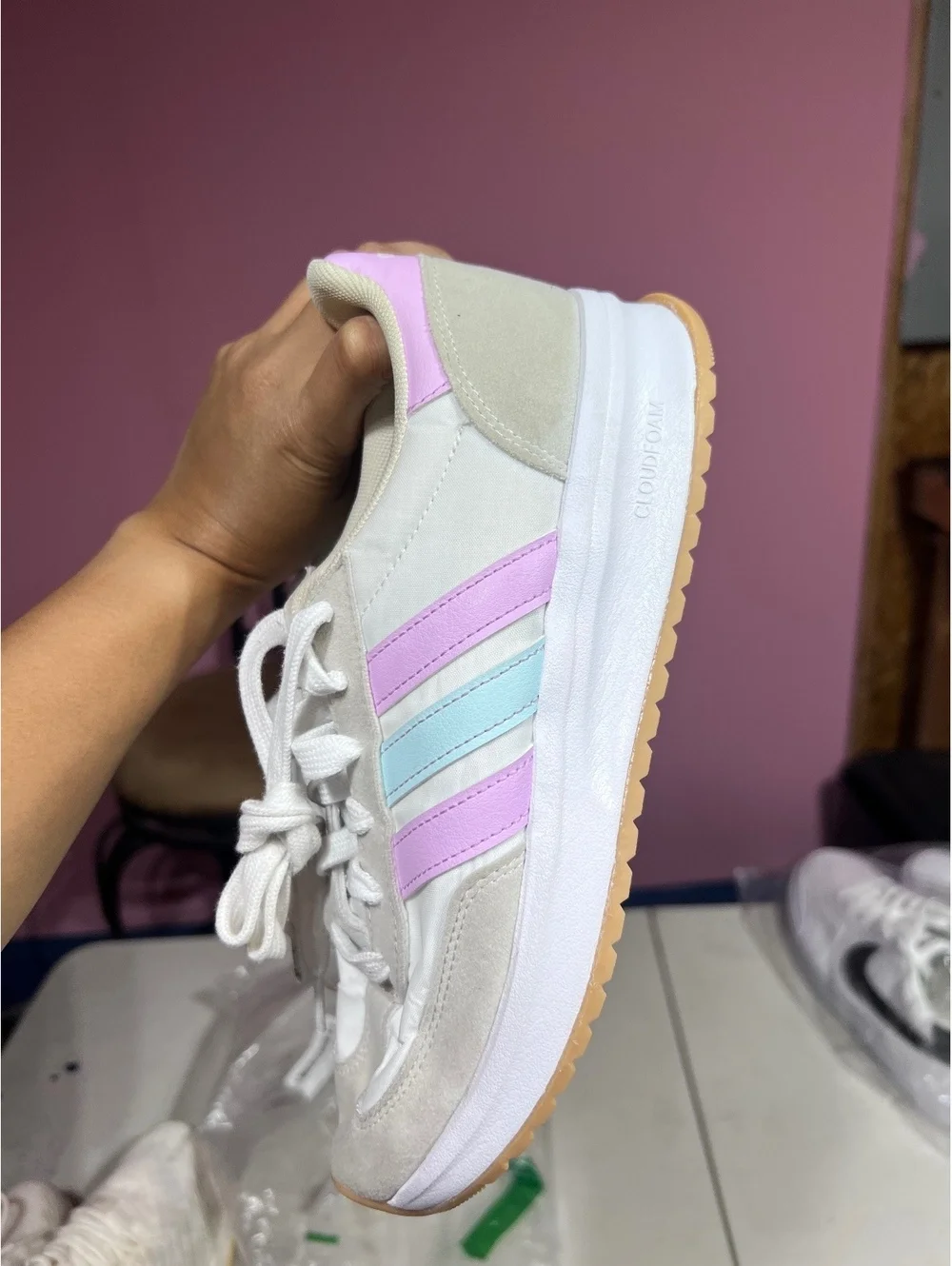 Adidas Retro Style White Sneakers with Pink and Light Blue Stripes